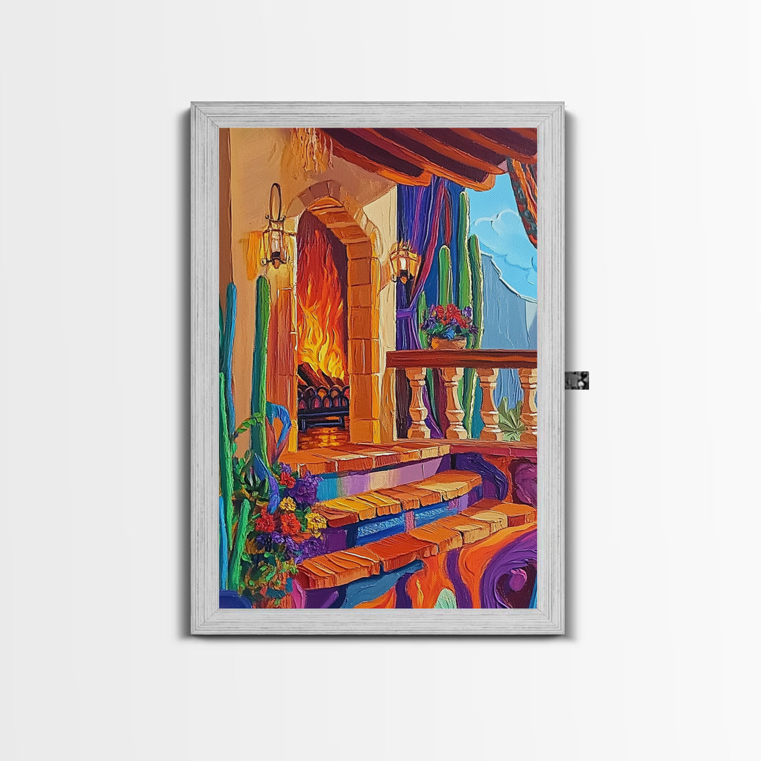 Cozy Hacienda, Fireplace, Terrace, Canvas Print, Southwestern Wall Art, Warm Interior Scene, Kitchen or Dining Room Boho Decor