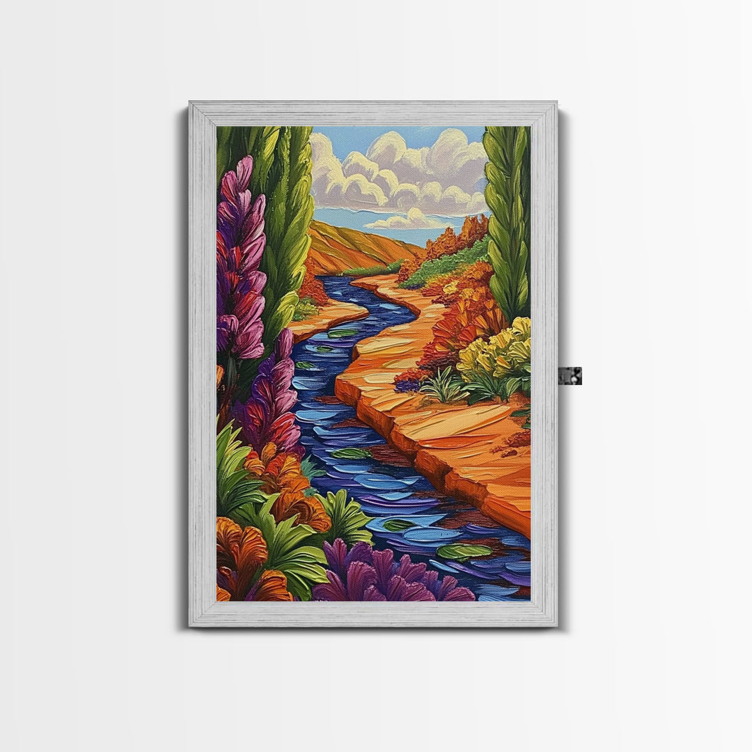 River Canyon, Fall, Flowers, Framed Canvas Print, Autumn Nature Artwork, Cozy Cabin Decor, Warm Earth Tones, Living Room Wall Art