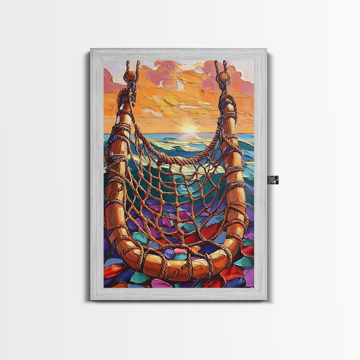 Ocean Hammock, Sunset, Boho, Framed Canvas Print dreamy hammock wall art, ocean sunset boho painting, coastal beach decor, patio art