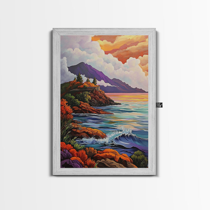 Cliffs Waves, Mountains, Autumn, Framed Canvas Print, coastal cliffs wall art, crashing waves painting, Autumn landscape, living room decor