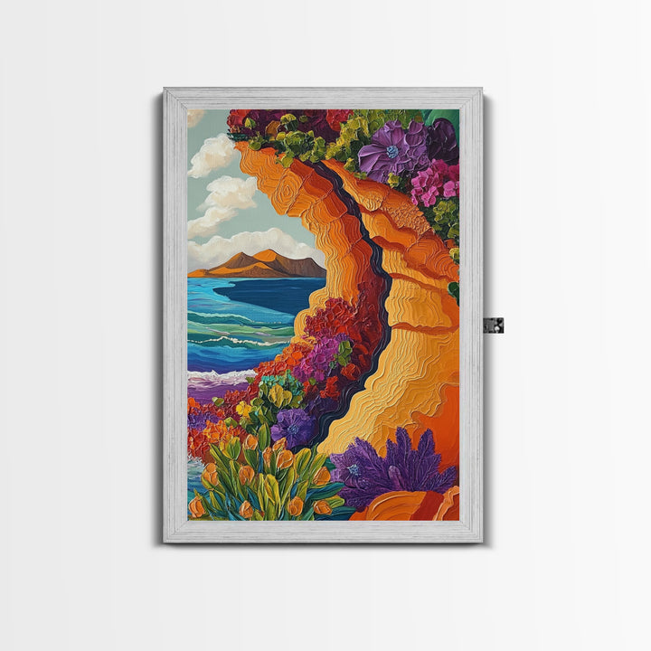 Cliffside Flowers, Ocean, Landscape, Framed Canvas Print floral coastal wall art, textured seaside painting, beach house decor, boho art style