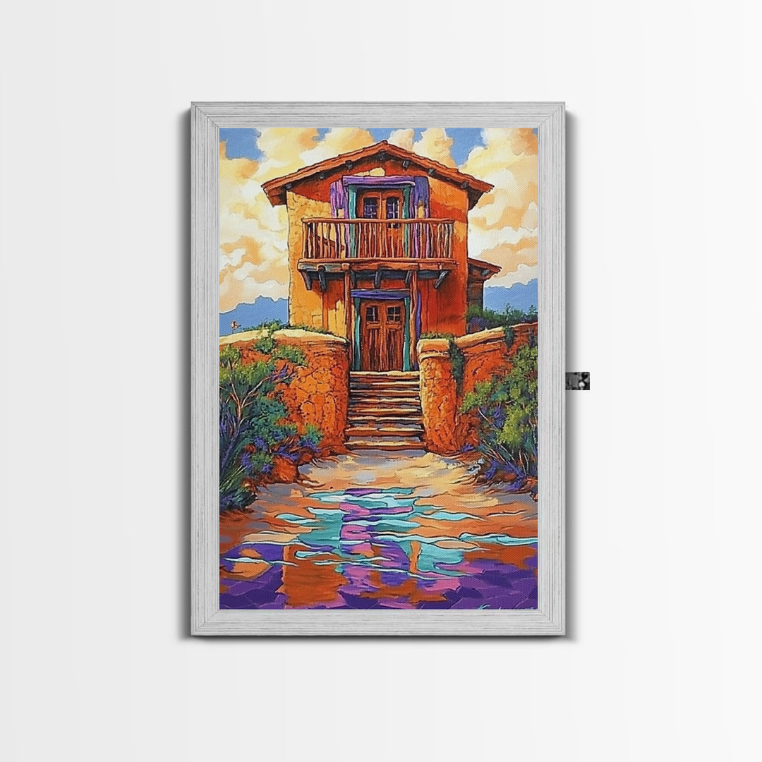 Adobe Desert, House, Framed Canvas Print, Rustic Southwest Wall Art, Earth Tone Adobe Home Decor, Boho Fall Art, Entryway Statement Piece