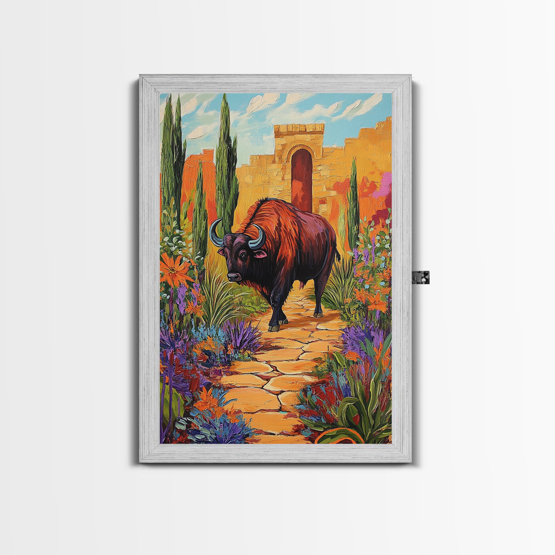 Bison Path, Desert, Framed Canvas Print, Southwest Bull Wall Art, Rustic Western Decor, Vibrant Nature Boho Style, Entryway Wall Art