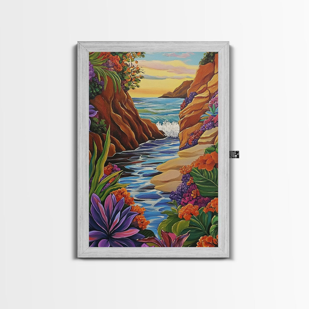 Cliff Ocean, Sunset, Framed Canvas Print, Bold Coastal Canyon Wall Art, Vibrant Nature Decor, Boho Landscape Style, Bedroom Wall Art
