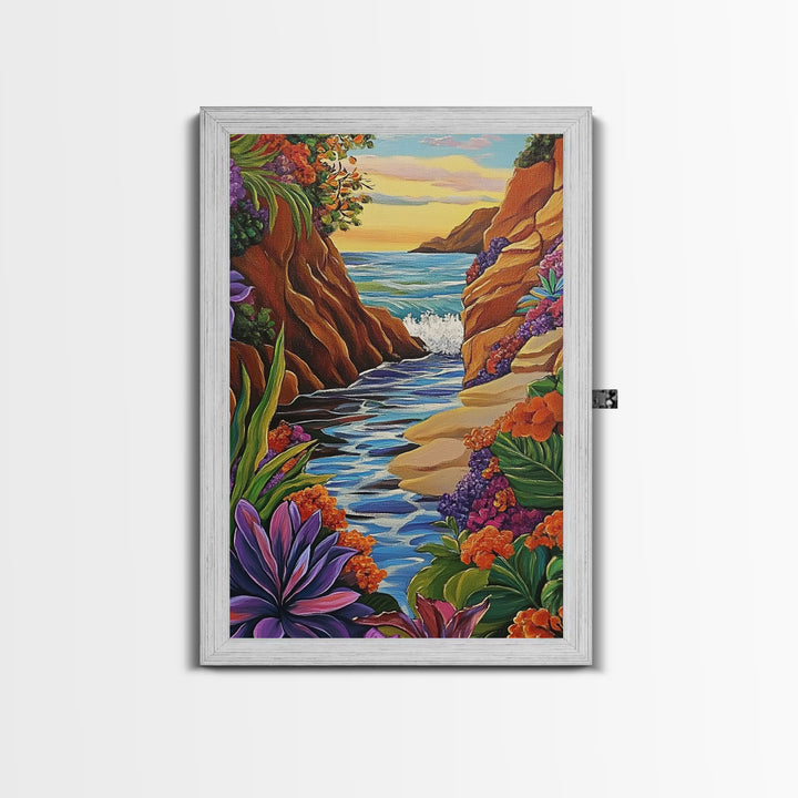 Cliff Ocean, Sunset, Framed Canvas Print, Bold Coastal Canyon Wall Art, Vibrant Nature Decor, Boho Landscape Style, Bedroom Wall Art