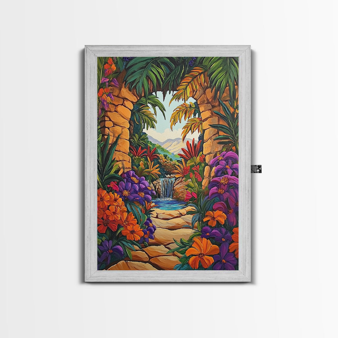 Archway Jungle, Waterfall, Framed Canvas Print, Exotic Tropical Wall Art, Bold Jungle Landscape Decor, Entryway art, Bathroom Wall Art