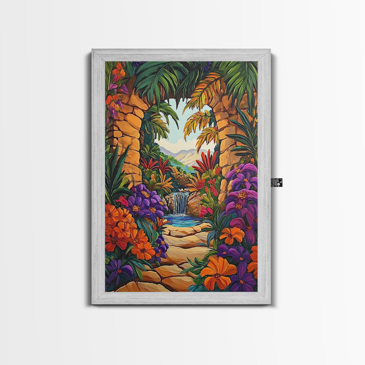 Archway Jungle, Waterfall, Framed Canvas Print, Exotic Tropical Wall Art, Bold Jungle Landscape Decor, Entryway art, Bathroom Wall Art