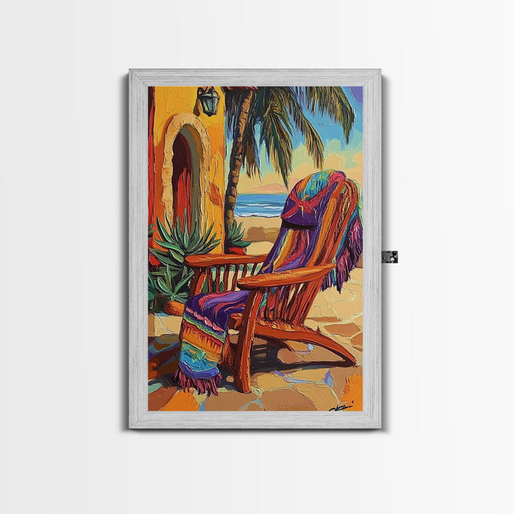 Chair Blanket, Breeze, Shore, Canvas Print, beach chair art, coastal boho decor, sunny retreat wall art, tropical relaxation, porch vibes