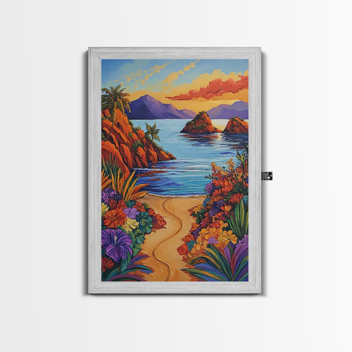 Beach, Sunset, Tropical, Floral Framed Canvas Print, Coastal Living Room Wall Art, Island Paradise Decor, Vibrant Summer Artwork