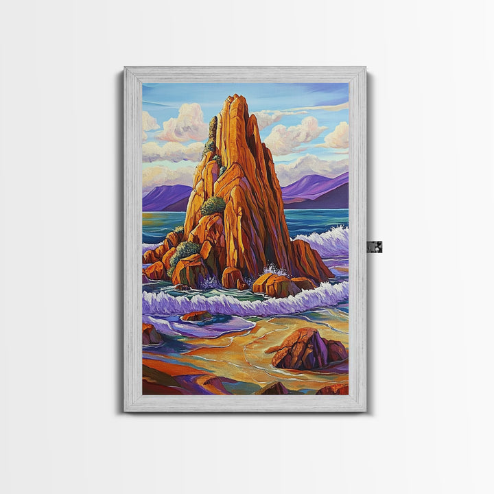 Ocean Cliff, Coastal, Bold Framed Canvas Print, Nature Inspired Bathroom Wall Art, Seaside Landscape Decor, Vibrant Rocky Shoreline