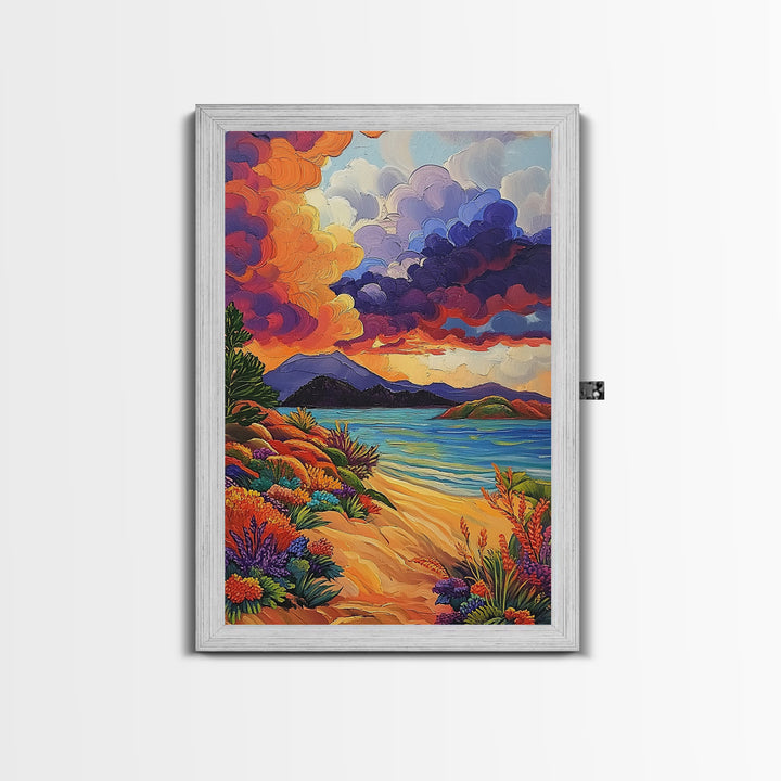 Clouds Sunset, Beach, Scenic Canvas Print, Colorful Coastal Wall Art, Vibrant Nature Landscape, Fall Living Room Art Piece
