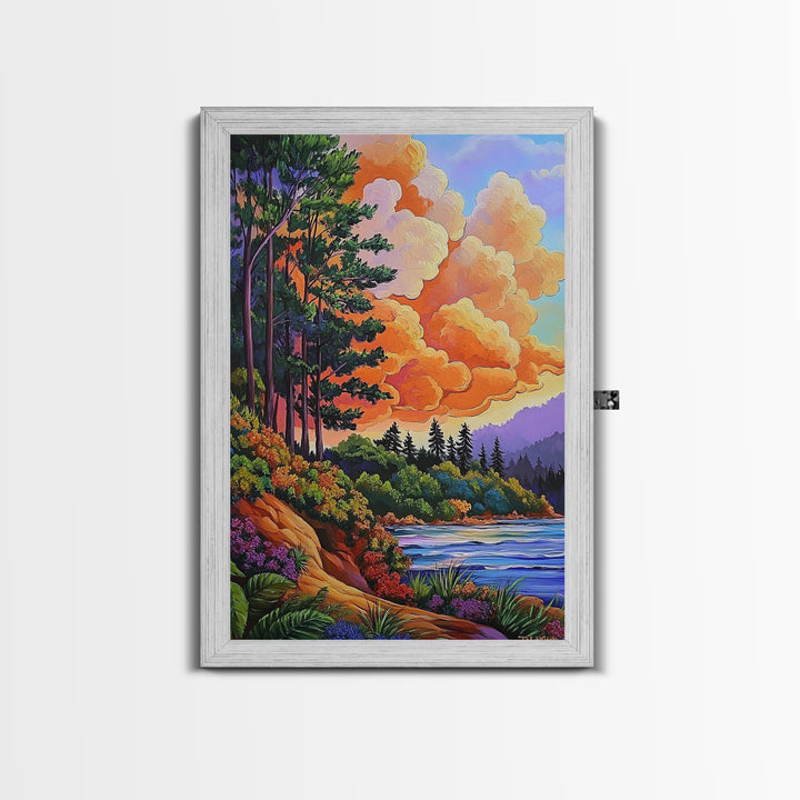 Pine Forest, Sunset, River, Framed Canvas Print, vibrant mountain art, autumn wall decor, cozy cabin wall art, rustic lodge artwork