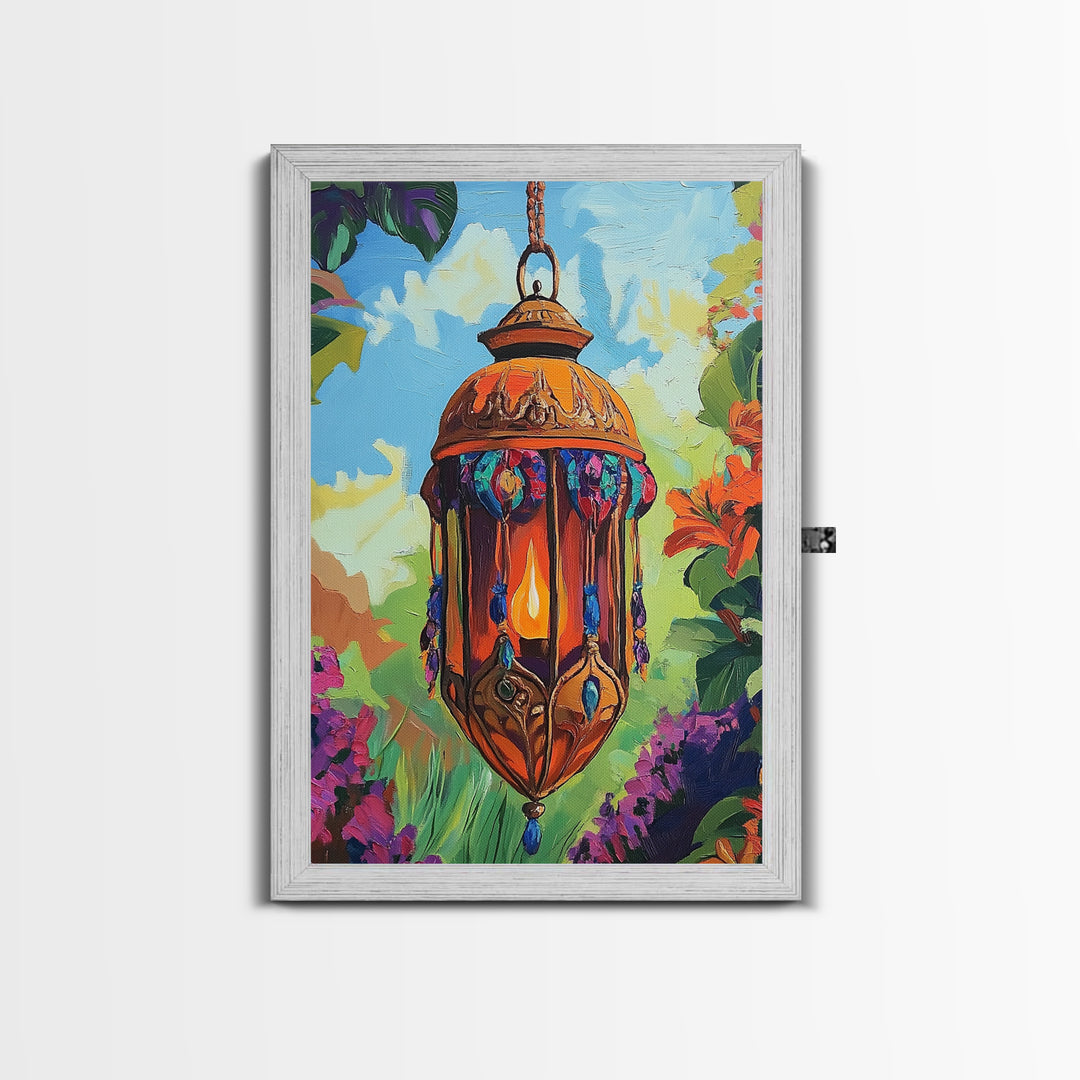 Boho Lantern, Glow, Garden, Framed Canvas Print, Moroccan Lantern Art, Boho Wall Decor, Eclectic Lighting Artwork, Patio Living Room Art