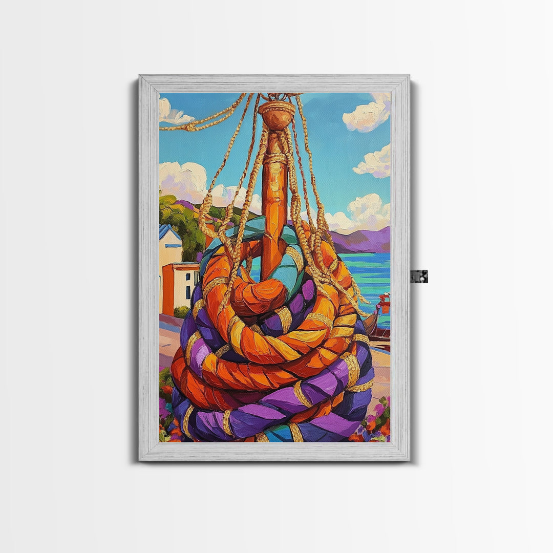 Nautical Rope, Dock, Summer, Framed Canvas Print, Nautical Rope Wall Art, Summer Decor, Bright Harbor Painting, Beach House Wall Accent