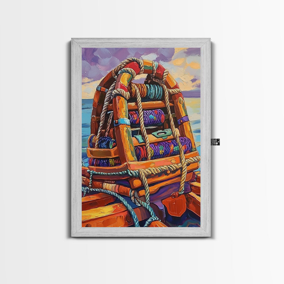 Rope Dock Sunset, Nautical, Framed Canvas Print, Nautical Rope Dockside Art, Sunset Painting, Coastal Seaside Wall Decor, Living Room Decor