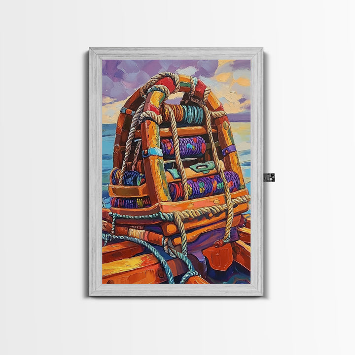 Rope Dock Sunset, Nautical, Framed Canvas Print, Nautical Rope Dockside Art, Sunset Painting, Coastal Seaside Wall Decor, Living Room Decor
