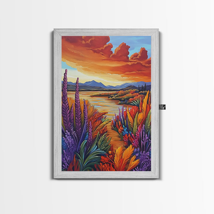 Autumn Lake, Trail, Fall Landscape Painting, Warm Sunset Wall Decor, Living Room Boho Vibes, Framed Canvas Print