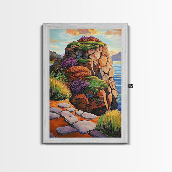 Rocky Cliff, Ocean, Wildflowers Canvas Print, Vibrant Coastal Wall Art, Hallway Nature Scene, Colorful Landscape Painting