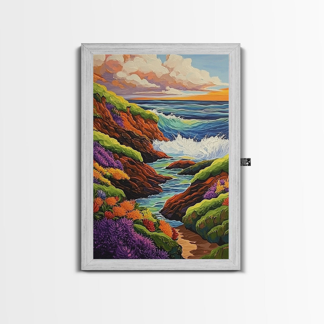 Ocean Cliffs, Wildflowers, Vibrant Coast Framed Canvas Print, Spring Beach Wall Art, Boho Living Room Decor, Bold Coastal Art