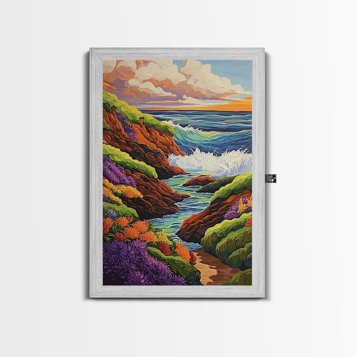 Ocean Cliffs, Wildflowers, Vibrant Coast Framed Canvas Print, Spring Beach Wall Art, Boho Living Room Decor, Bold Coastal Art