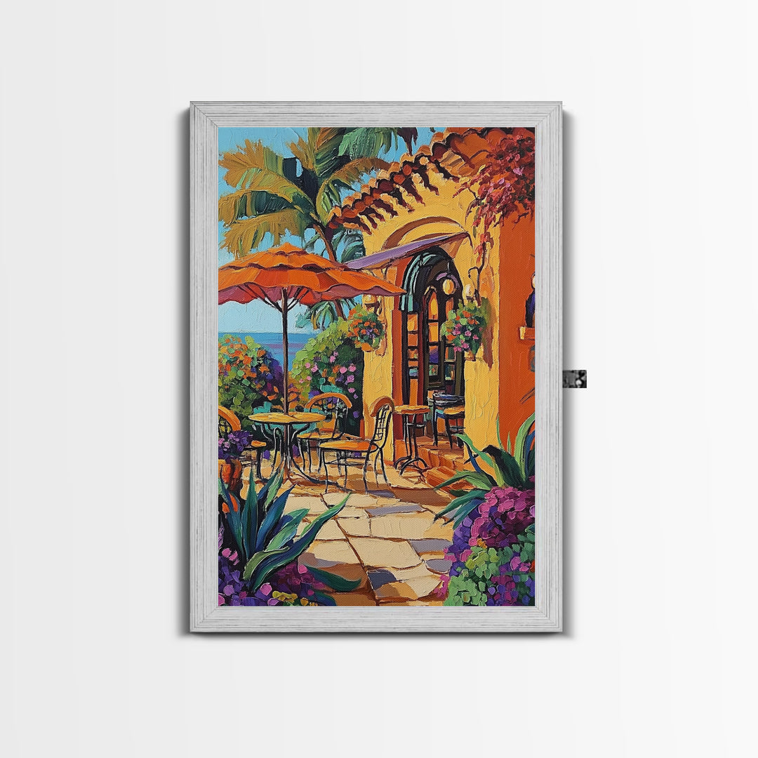 Bistro Patio, Sun, Canvas Print, Mediterranean cafe painting, kitchen wall art, outdoor charm artwork, sunny terrace decor, cozy nook print