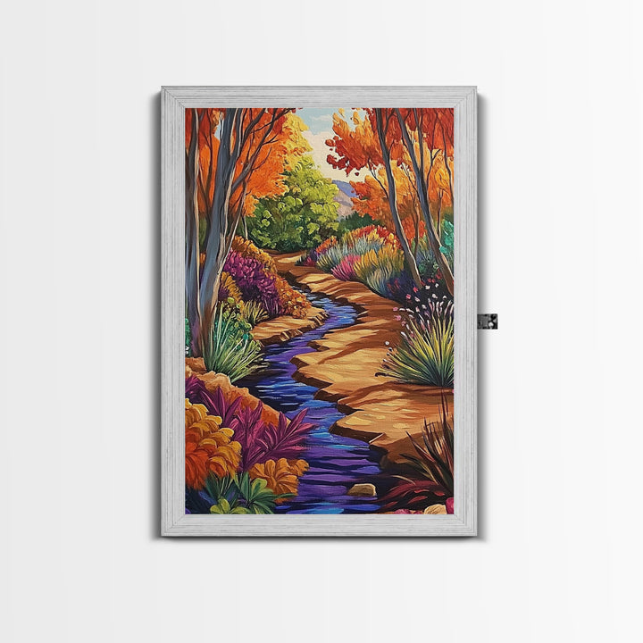 Autumn Forest, Stream, Pathway, Framed Canvas Print, Fall Nature Wall Art, Cozy Cabin Decor, Boho Living Room Landscape Artwork