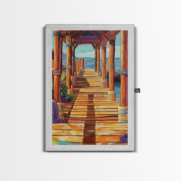 Dock Ocean, Pier, Sunset, Framed Canvas Print, Nautical Coastal Wall Art, Beach House Entryway Decor, Rustic Seaside Living Room