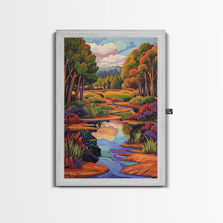 Autumn Trees, Reflection, Canvas Print, Fall forest scene, living room art, nature inspired decor, woodland painting, cozy autumn vibes