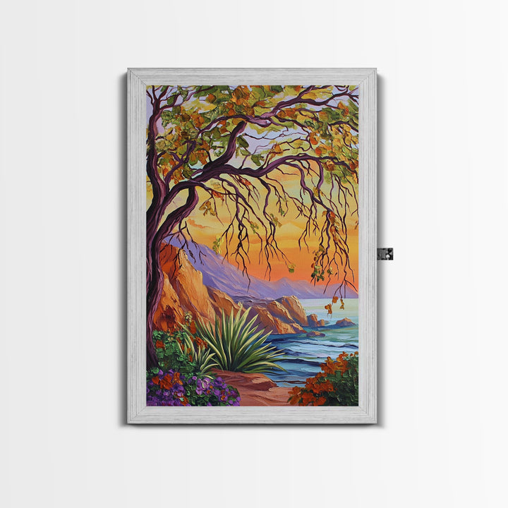 Coastal Tree View, Ocean Cliff Art, Sunset Seascape Painting, Nature Wall Decor, Framed Canvas Print, Hallway Wall Art, beach house art