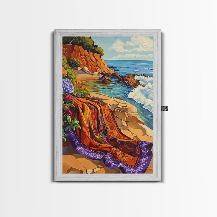 Ocean Blanket, Coast, Framed Canvas Print, Coastal boho art, beach blanket painting, vibrant seashore scene, bedroom wall art, summer vibes