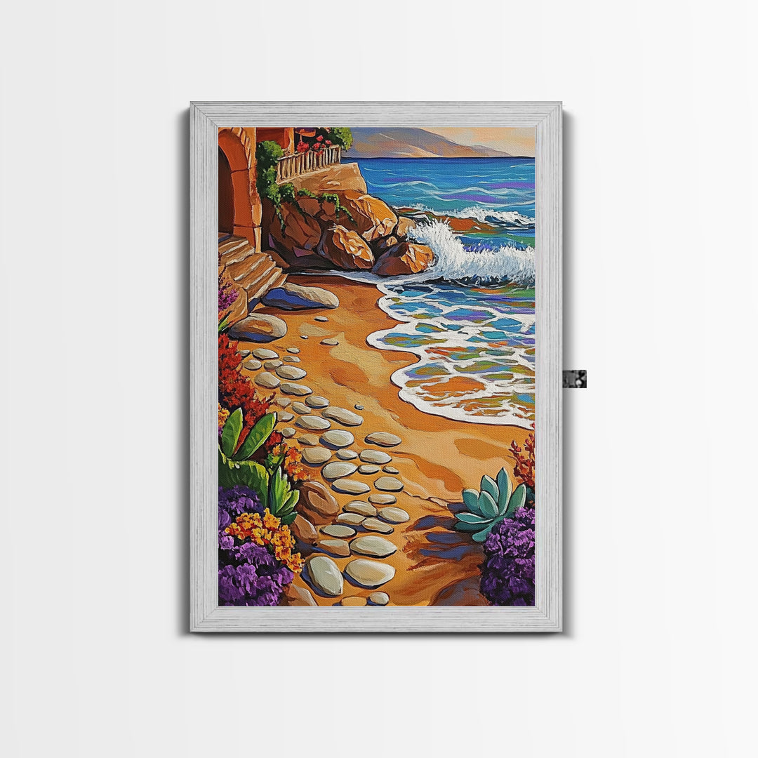 Coastal Path, Beach Steps, Ocean View, Canvas Print, tropical art, relaxing decor, vibrant seascape, Bathroom Wall Art