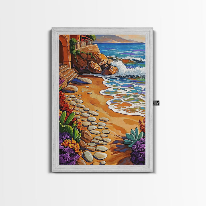 Coastal Path, Beach Steps, Ocean View, Canvas Print, tropical art, relaxing decor, vibrant seascape, Bathroom Wall Art