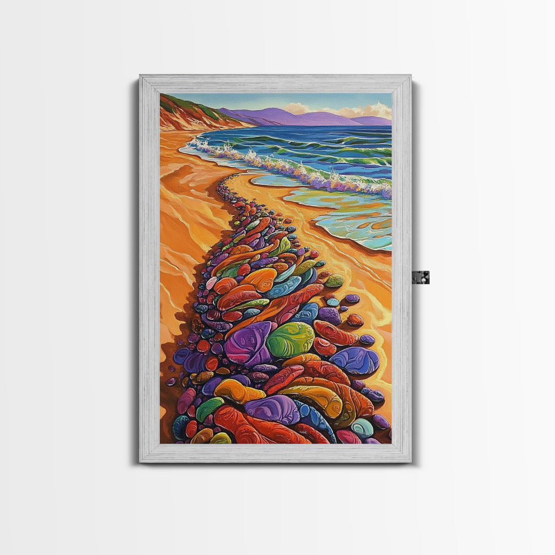 Colorful Rocks, Coastal Art, Vibrant Beach, Framed Canvas Print, nature-inspired painting, whimsical art, Hallway Wall Art