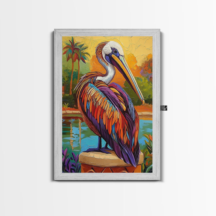 Pelican Portrait, Coastal Bird, Tropical Scene, Canvas Print, beach house decor, boho coastal art, Wildlife Painting, Living Room Wall Art