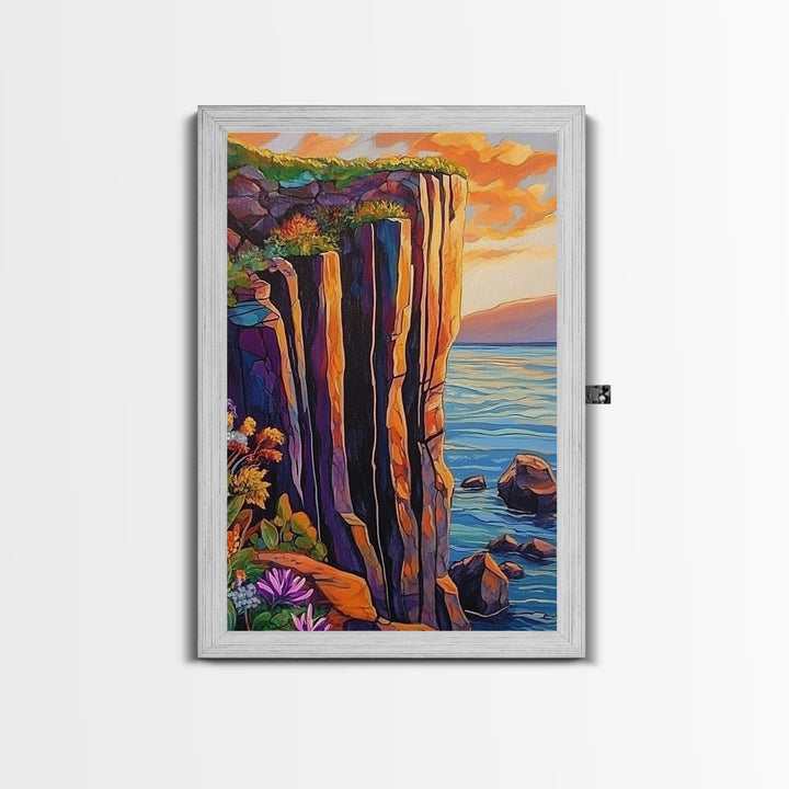 Cliff Sunset, Sea, Canvas Print, Bold coastal wall art, rocky cliff painting, dramatic sunset scene, office or den decor, nature inspired art