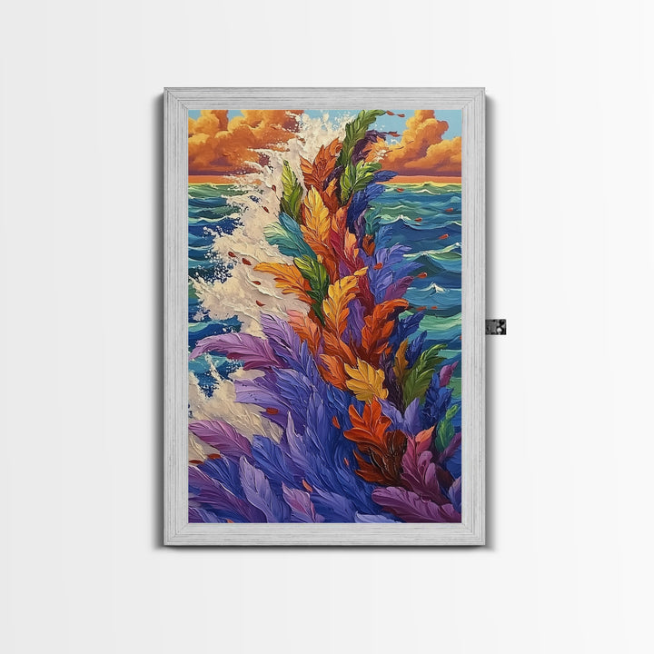 Ocean Feathers, Splash Art, Bright Abstract, Color Burst, Framed Canvas Print, Living Room Wall Art, modern tropical art, bold color