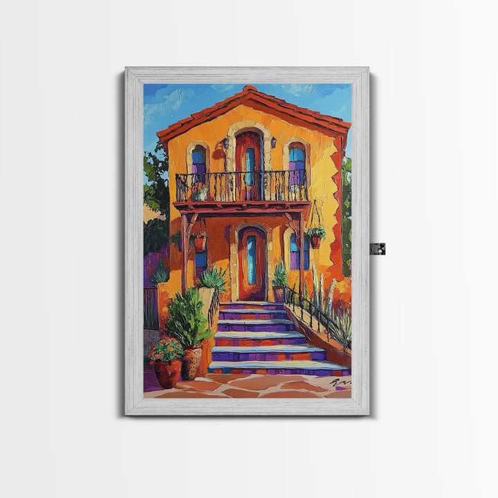 Adobe House, Vibrant Southwest, Fall Architecture Wall Art, Canvas Print, Rustic Staircase Scene, Boho Living Room Decor, Warm Entryway Art