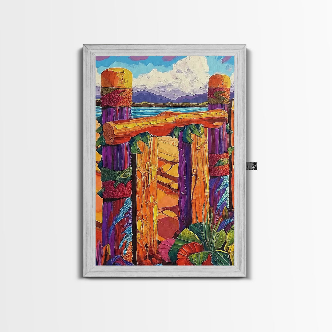Coastal Fence, Sunset Vibes, Colorful Beach, Ocean Breeze, Framed Canvas Print, Beach House Wall Art, Vibrant Seascape, Tropical Boho Art