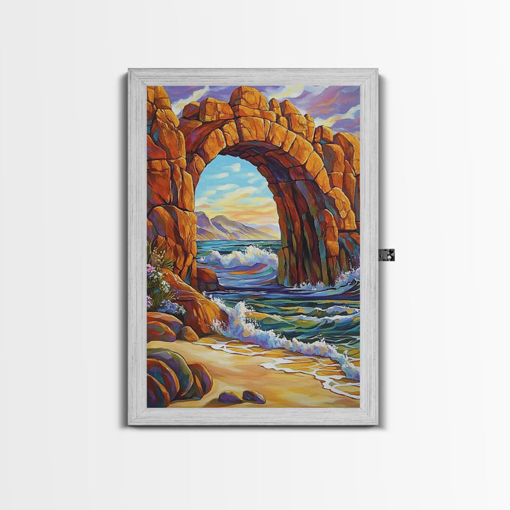 Ocean Arch, Wave Drama, Cliff Coast, Sunset Light, Framed Canvas Print, Living Room Wall Art, Coastal Landscape, Nature Inspired Art