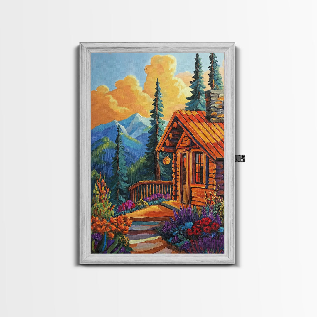 Cabin Escape, Fall Glow, Mountain Forest, Rustic Beauty, Canvas Print, Autumn Wall Art, Log Cabin Decor, Cozy Living Room Accent