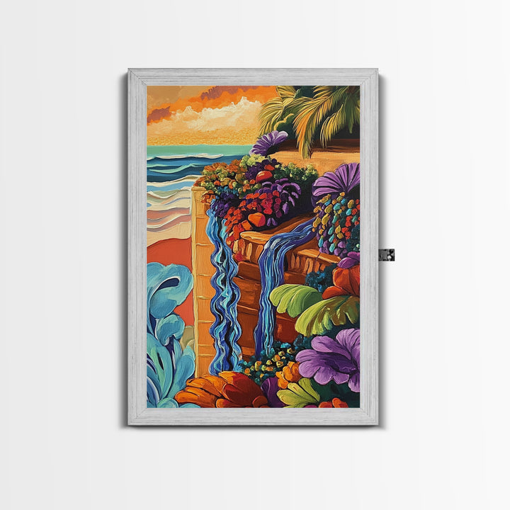 Tropical Garden Waterfall, Coastal Wall Art, Sunset Jungle Scene, Framed Canvas Print, Vibrant Nature Painting, Living Room Boho Art
