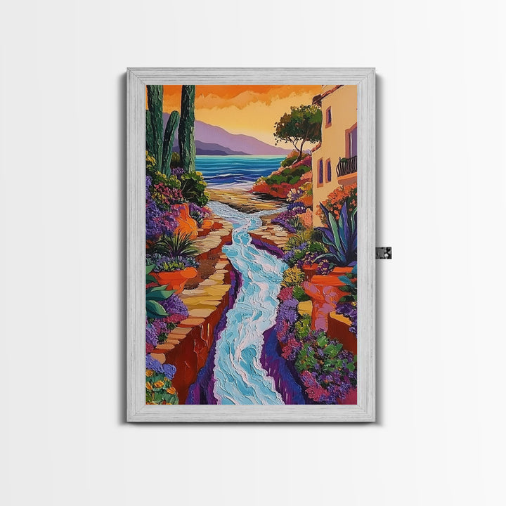 Coastal Pathway Stream, Sunset Cactus Art, Vibrant Garden Trail, Canvas Print, Mediterranean Landscape, Kitchen Wall Decor, Boho Art