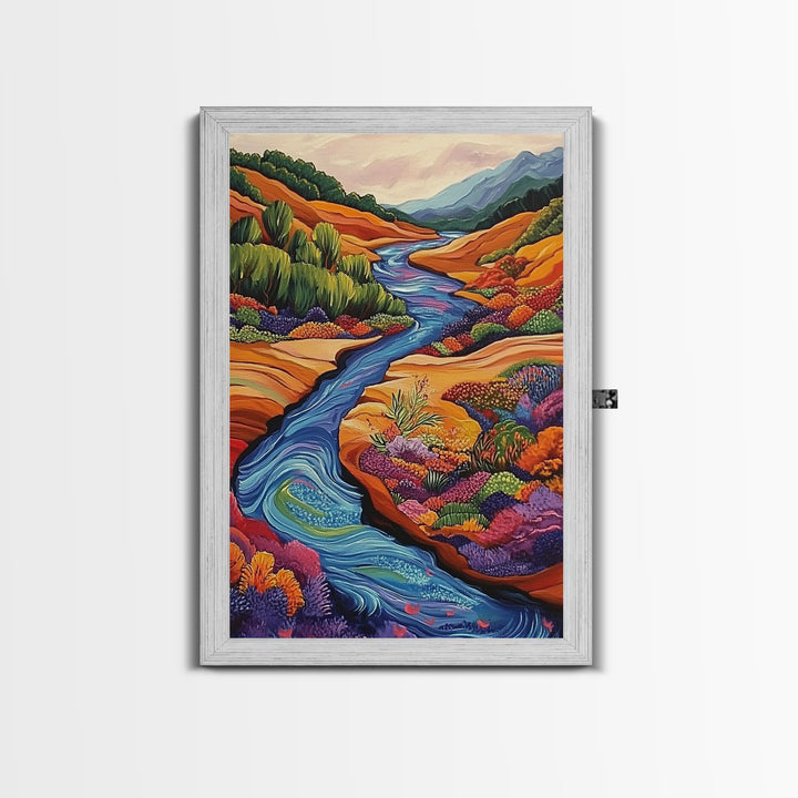 Autumn River Valley, Floral Hillside Art, Bright Fall Landscape, Framed Canvas Print, Seasonal Wall Decor, Living Room Autumn Art
