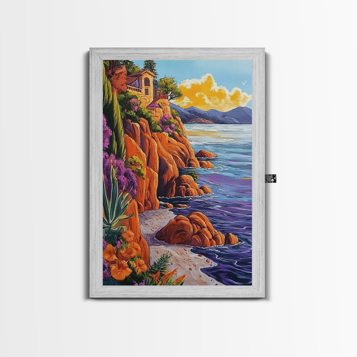 Ocean Cliffside Villa, Seaside Sunset Art, Purple Water Shoreline, Canvas Print, Kitchen Wall Art, Vibrant Mediterranean Landscape