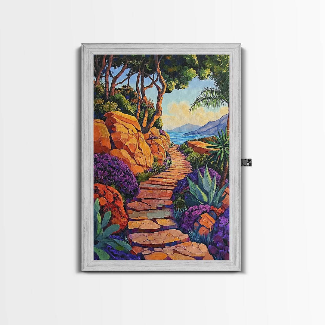 Coastal Trail, Vibrant Path, Tropical Landscape, Nature Art, Sunset Vibes, Living Room Wall Art, Canvas Print, Boho Chic Decor