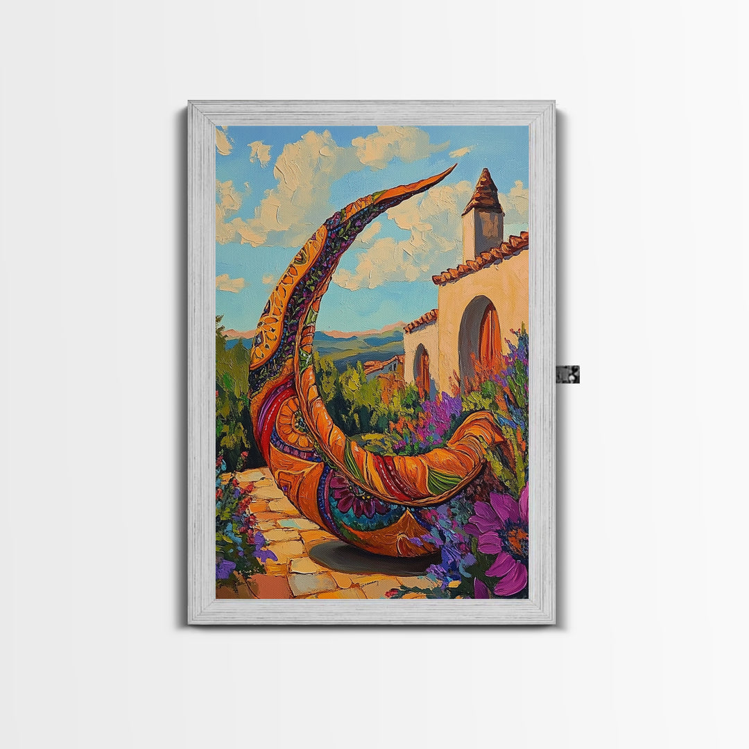 Crescent Sculpture, Sunset Courtyard, Boho Garden Art, Vibrant Southwest Style, Outdoor Decor, Framed Canvas Print, Patio Wall Art