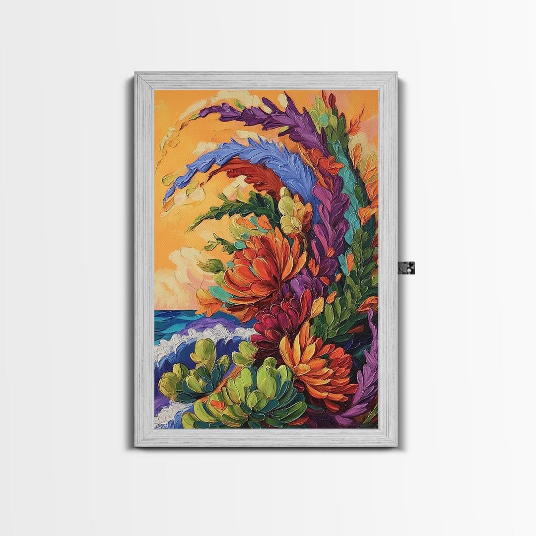 Abstract Florals, Bold Beach Scene, Coastal Flower Art, Vibrant Wall Accent, Kitchen Wall Art, Boho Style, Canvas Print, Sunset Tones