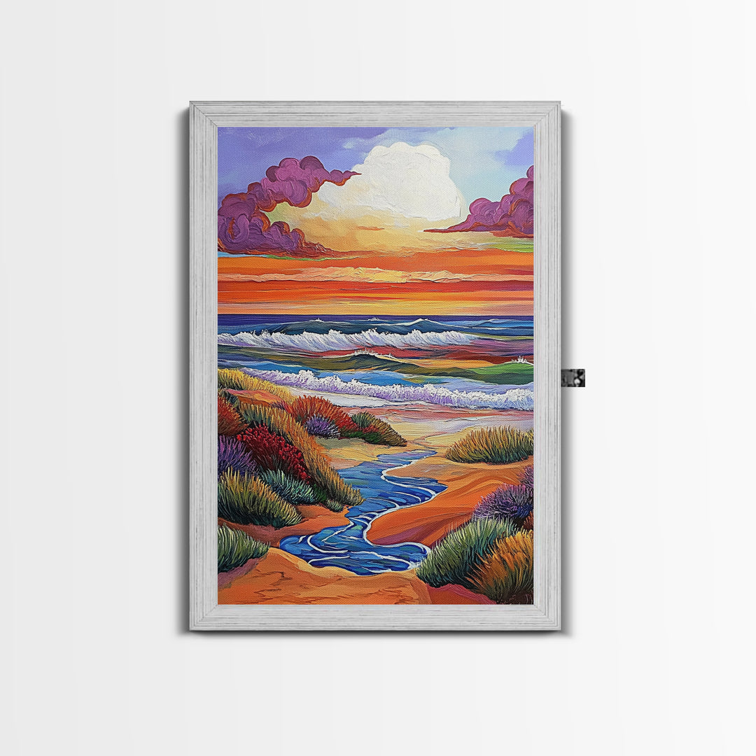 Coastal Sunset, Rolling Waves, Vibrant Beachscape, Boho Ocean Scene, Living Room Wall Art, Seaside Decor, Framed Canvas Print