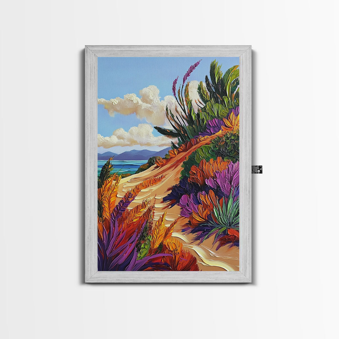 Ocean Cliff Path, Colorful Flora, Coastal Desert View, Summer Breeze Art, Beach House Wall Art, Canvas Print, Boho Nature Style
