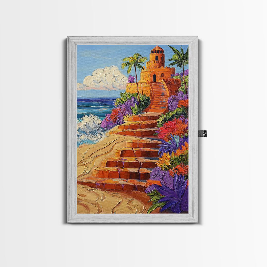 Coastal Castle, Vibrant Tropics, Seaside Fantasy Art, Bold Beach Decor, Playful Wall Accent, Framed Canvas Print, Tropical Style Room